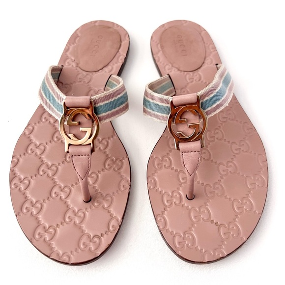 GUCCI || Interlocking GG Light Pink Blue Web Stripe Thong Sandal Flip Flop 7 - Picture 2 of 11